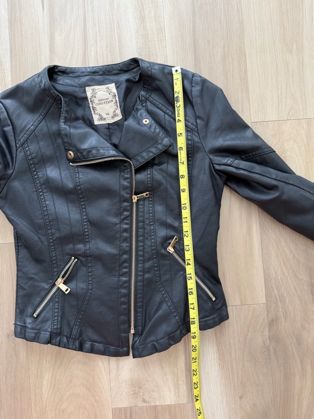 Women's Black Faux Leather Asymmetric Zip Jacket with Gold Hardware - Picture 12 of 12